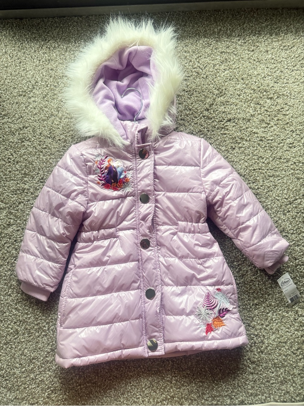 Disney Light Purple Quilted Puffer Coat with Faux Fur Hood
